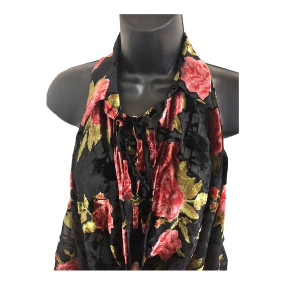 Free People black sheer velvet dark floral cowlneck tie neck blouse size medium - Picture 8 of 16
